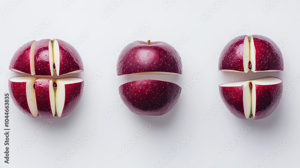 Aufkleber freshly sliced red apples arranged on a white background generative ai