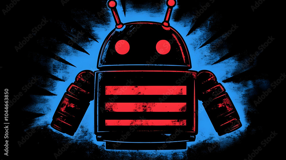 Poster a stylized illustration of a robot with red and black color scheme on a blue background.