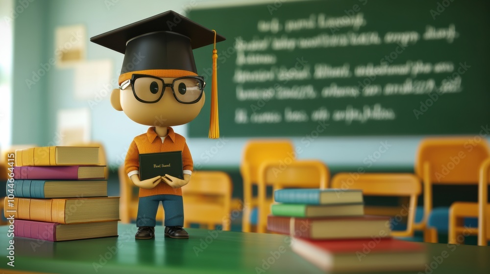 Aufkleber a cheerful animated character with glasses and a graduation cap holds a book in a brightly lit class