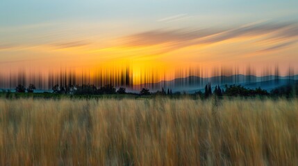 Obraz premium Sound waves radiating across a serene landscape, symbolizing the interconnectedness and harmony of natural and auditory elements.