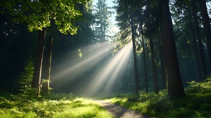 Obraz premium Misty Forest Path Bathed in Ethereal Sunlight Rays Tranquil Landscape with Golden Light Filtering Through the Trees Casting a Peaceful Magical Atmosphere