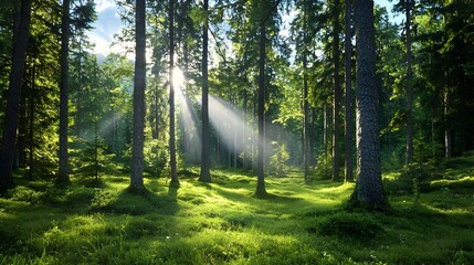 Fototapeta premium A tranquil forest landscape bathed in the soft golden glow of morning light with beams of sunlight filtering through the trees and lighting up the lush verdant undergrowth