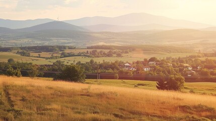 Obraz premium Sound waves radiating across a serene landscape, symbolizing the interconnectedness and harmony of natural and auditory elements.