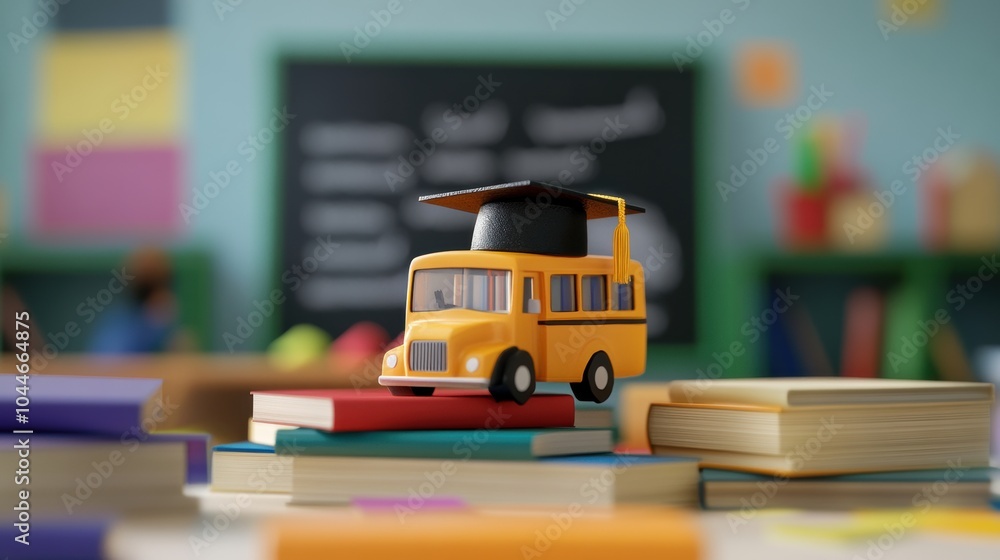 Aufkleber a cheerful toy bus rests atop a pile of books in a lively classroom setting, surrounded by colorful 