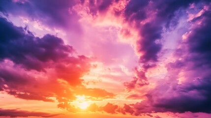 Fototapeta premium Beautiful evening sky mystical purple lights on cloud shades, cloudscape in great sky landscape view, shining lights on vast sky