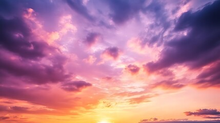 Fototapeta premium Beautiful evening sky mystical purple lights on cloud shades, cloudscape in great sky landscape view, shining lights on vast sky