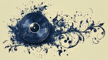 A vintage vinyl record with floral design and grunge elements.
