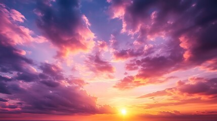 Fototapeta premium Beautiful evening sky mystical purple lights on cloud shades, cloudscape in great sky landscape view, shining lights on vast sky