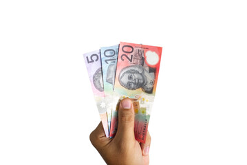 close up of man hand holding Australian dollar cash isolated on white background