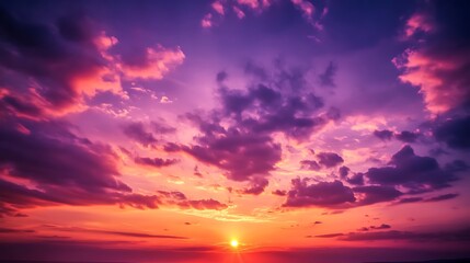 Beautiful evening sky mystical purple lights on cloud shades, cloudscape in great sky landscape view, shining lights on vast sky