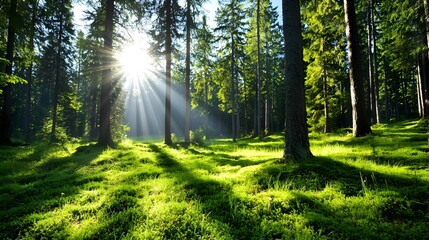 Obraz premium A serene and peaceful forest path bathed in the soft gentle rays of morning sunlight shining through the lush verdant trees creating a dreamlike enchanting atmosphere