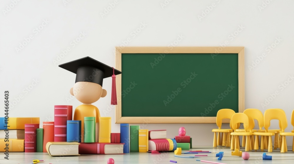 Aufkleber A graduation theme features a student figurine wearing a cap beside stacks of colorful books and empty chairs, ready for celebration. Generative AI