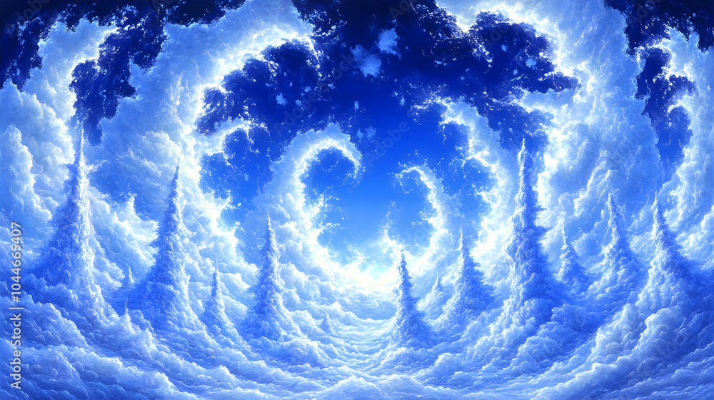 Poster abstract blue and white cloudscape with a swirling pattern, creating a sense of depth and wonder.