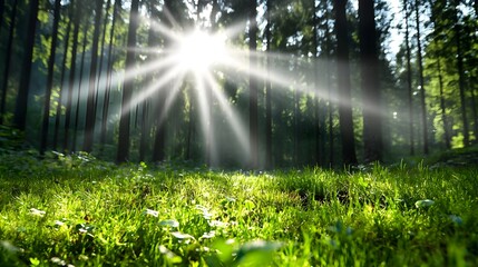 Fototapeta premium Soft morning light gently drifting through the enchanting forest landscape casting a warm ethereal glow and creating a serene meditative atmosphere