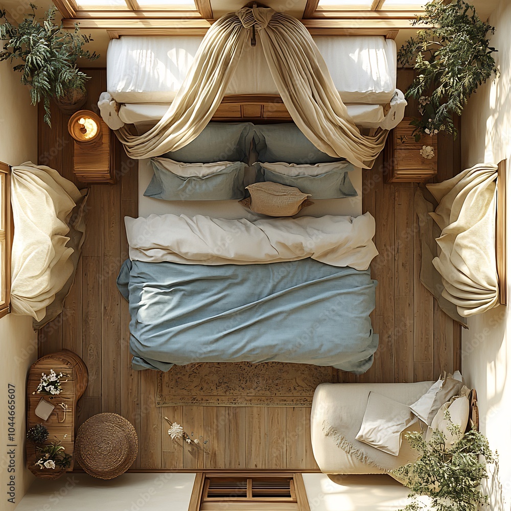 Aufkleber 3d render of romantic bedroom top view featuring a fourposter bed with draped fabric subtle soft lig