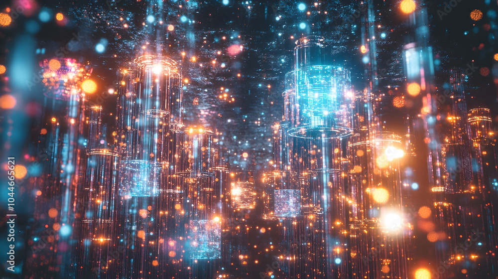 Poster abstract digital data stream with glowing cubes and particles.