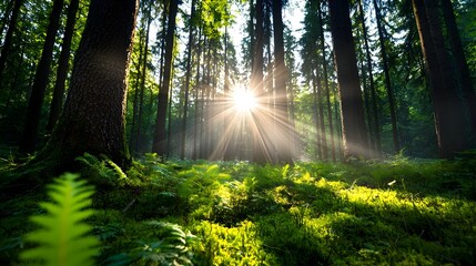 Obraz premium Ethereal morning light filters through the towering canopy of a serene forest casting a warm golden glow across the lush verdant landscape and illuminating the peaceful tranquil atmosphere