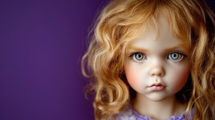 Creepy doll with blonde curls set against a purple backdrop