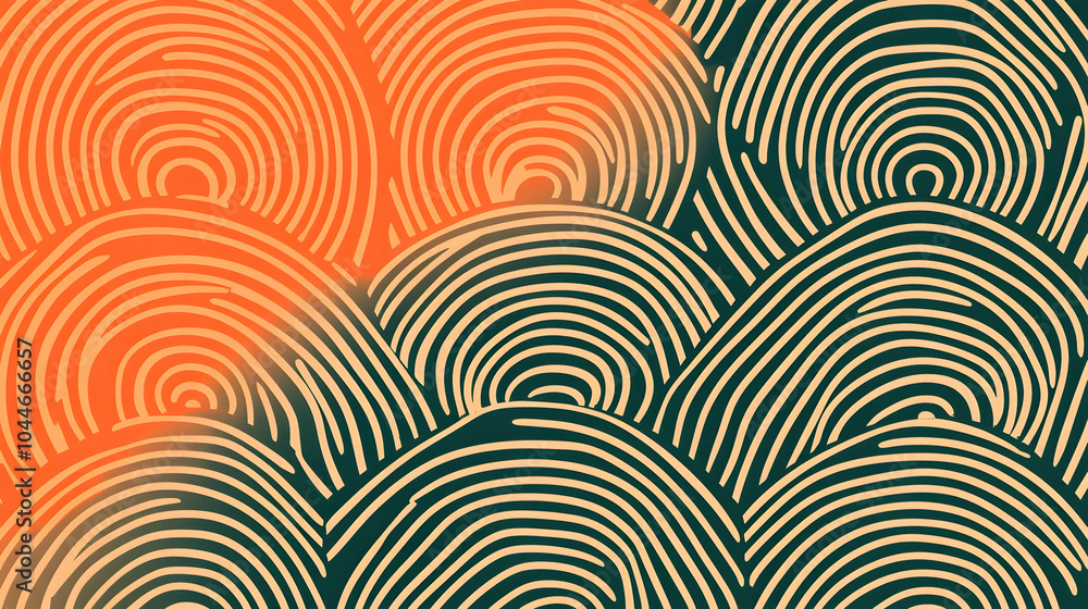 Poster abstract pattern of overlapping concentric circles in orange and green.