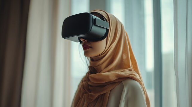 Muslim woman using virtual reality headset for entertainment and technology experiences