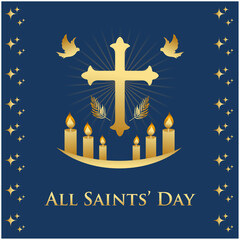 All Saints Day Celebrations, November 1st. Social Media Post, Postcard Template Design.  Holy spirit, Dove, Candle