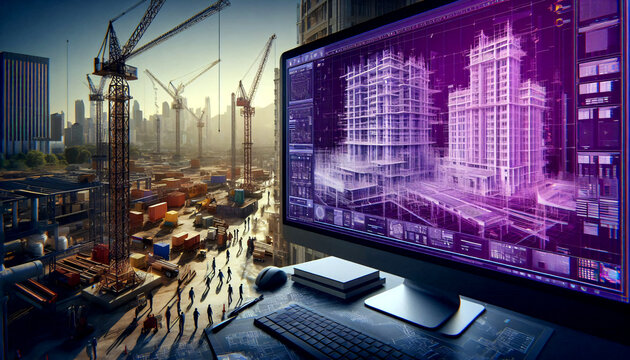 Computer zeigt eine Baustelle. Beaufsichtigen der Baut&auml;tigkeit aus der Ferne dank moderner Technik.
