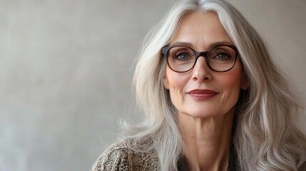 Portrait of an attractive older woman wearing glasses against a neutral backdrop