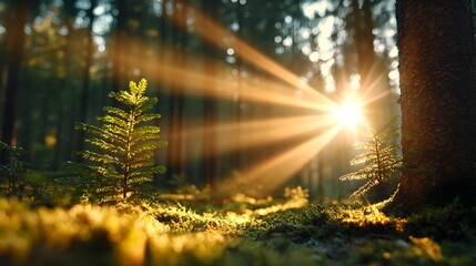 Obraz premium Serene morning forest landscape with soft glowing sunbeams and rays of light piercing through the lush verdant foliage and trees creating a calming tranquil scene