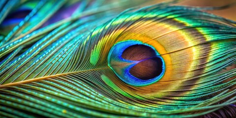 Fototapeta premium Closeup detailed view of a peacock feather with selective focus, peacock, feather, closeup, detail, nature, colorful, vibrant