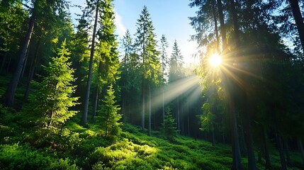 Obraz premium Rays of morning sunlight breaking through the tranquil forest canopy creating a peaceful and ethereal atmosphere in the natural landscape