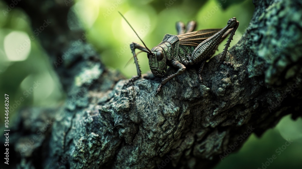 Poster A close-up of a grasshopper perched on a tree branch.