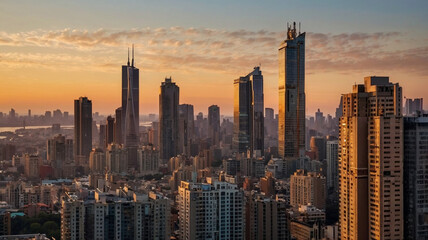 Naklejka premium Sunset and skyscraper cityscape