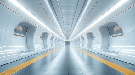 Futuristic corridor with bright white walls and yellow lines on the floor.