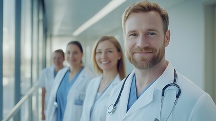 Fototapeta premium Healthcare team with doctors and nurses smiling and looking to camera, expert team of medical professionals in white coat in hospital