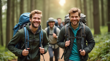 Fototapeta premium Hikers enjoying a sunny day in a forested area, capturing moments of joy and adventure in nature's tranquility during their trek