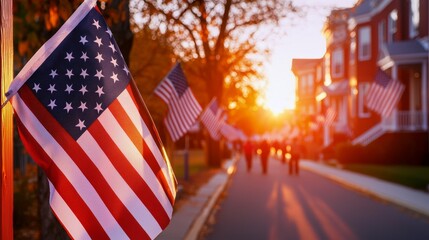 Street view of a calm neighborhood decorated with campaign flags and posters, people peacefully walking to vote, civic pride in action