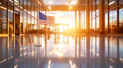 Sun shines brightly over a school entrance, with a VOTE HERE sign in view, the American flag sways in the wind, voters subtly blurred walking in