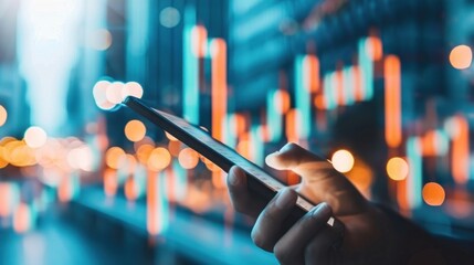 Person using smartphone with blurred city lights and financial graph overlay.