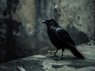 Obraz premium Black Crow on a Grungy Wall - A Dark and Mysterious Portrait