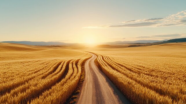 Sunlit rural road cutting through wheat fields, posters encouraging voting, calm and serene landscape embodying the beauty of democratic participation