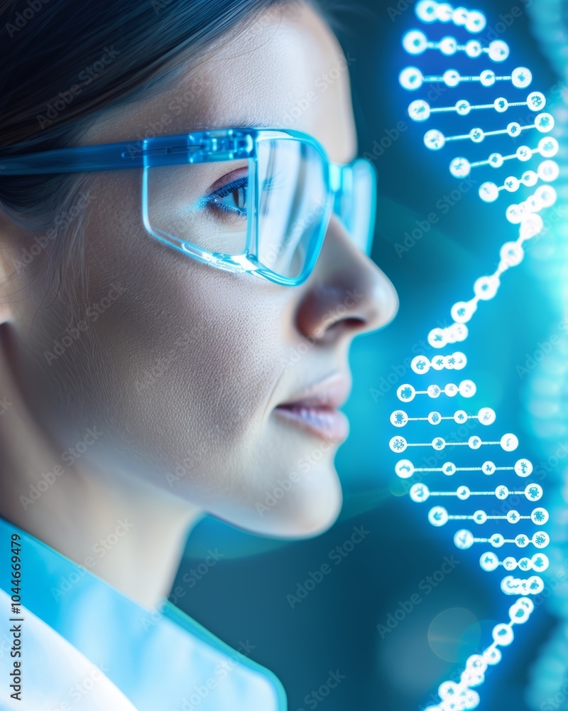 Poster scientist analyzing dna helix with holographic interface in laboratory.