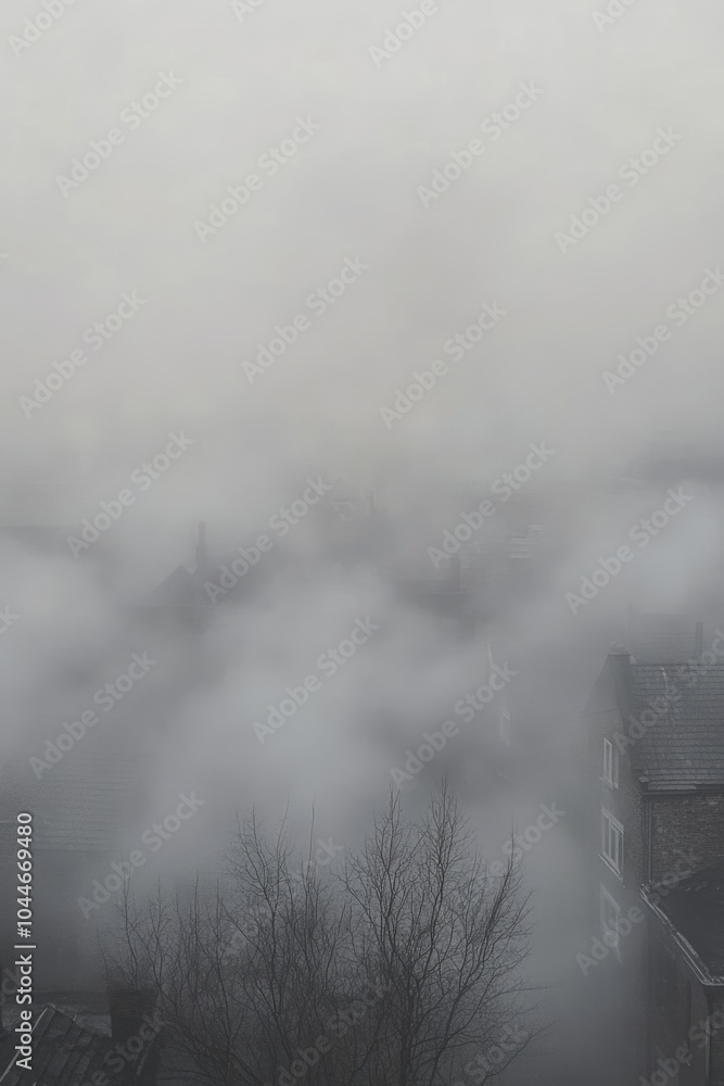 Poster a dense blanket of fog shrouds the urban area, obscuring the view of structures and creating a myste
