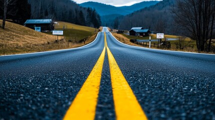 Well-paved road in a picturesque town, lined with campaign signs, voters walking, vibrant representation of democracy in a small-town setting