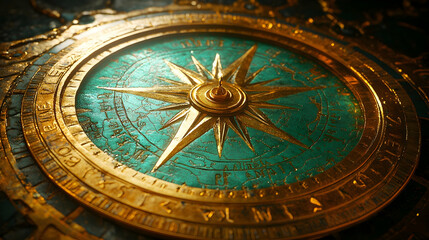 Obraz premium Close-up of an ornate compass with a golden needle and a turquoise face.