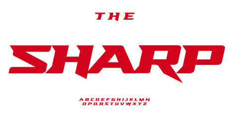 Sport dynamic alphabet, sharp edges bold letters, strength wide italic font for sportswear logos, powerful headline, energetic lettering, daring typography. Vector typeset