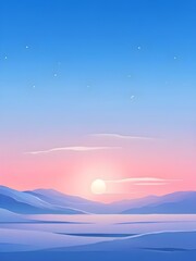 Fototapeta premium Illustration of a cold winter sunrise, represented by a minimalist gradient of soft pastel pinks and blues over a smooth, snow-covered horizon