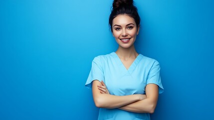 Obraz premium Young female nurse in blue uniform, healthcare team member with blue background