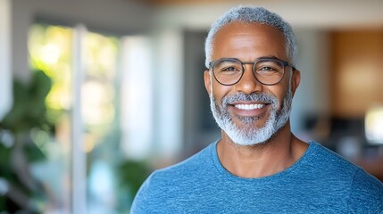Fototapeta premium A warm inviting portrait of a happy man in glasses standing comfortably in the gentle sunlight streaming through the windows of his cozy home conveying a sense of contentment and relaxation