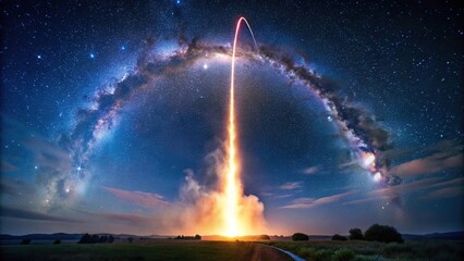 Symmetrical rocket launch streaking through starry night sky