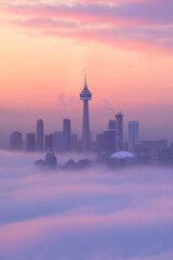 Obraz premium As dawn breaks, the Toronto skyline emerges from a thick fog, with pastel colors painting the sky and the iconic tower standing tall above the mist
